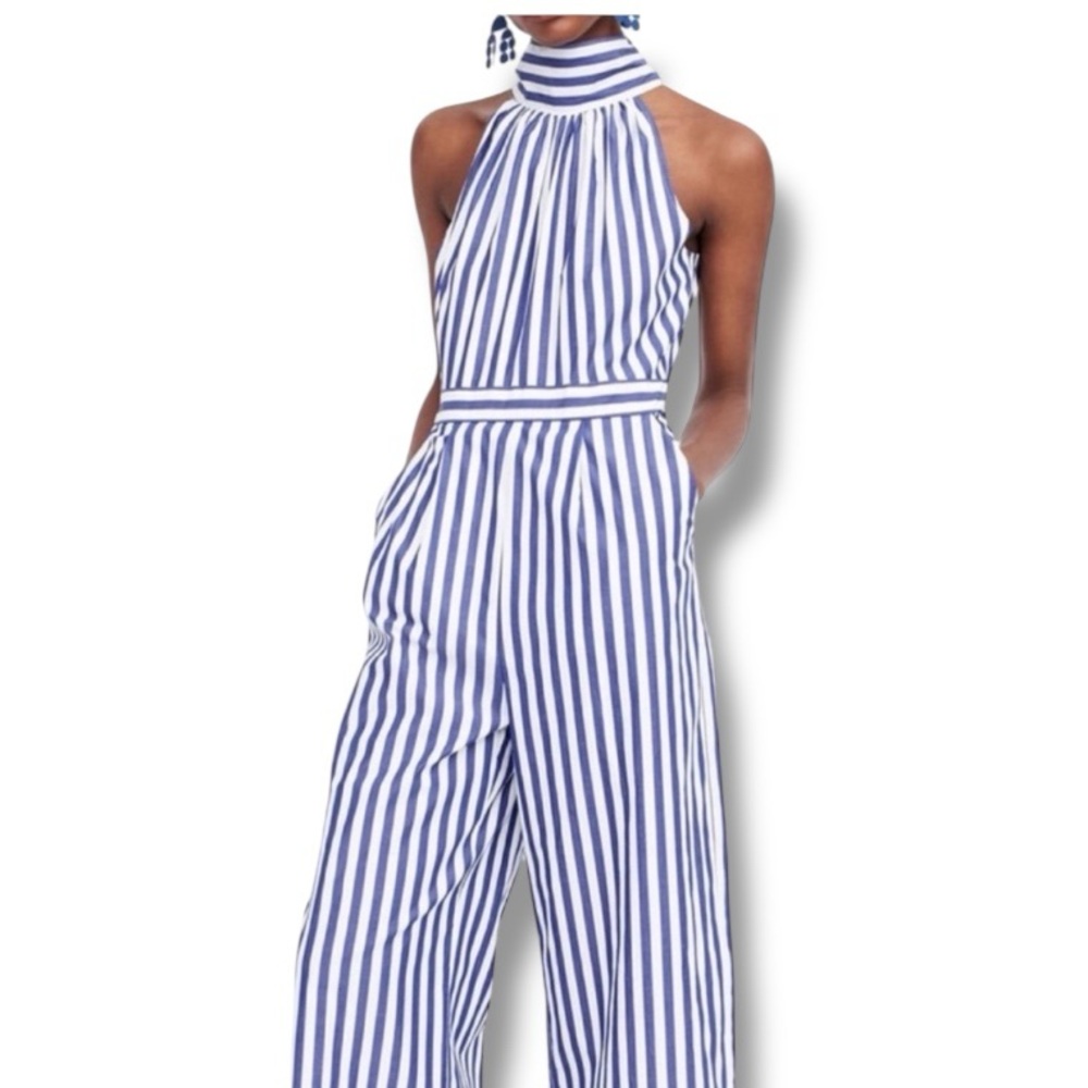 NWT J. Crew Tushar Blue/White Stripe Halter Neck Wide Leg Jumpsuit Size 6 - Picture 16 of 16